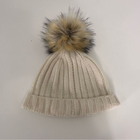 J. Crew Off White Ribbed Pom Pom Winter Hat - Picture 1 of 3